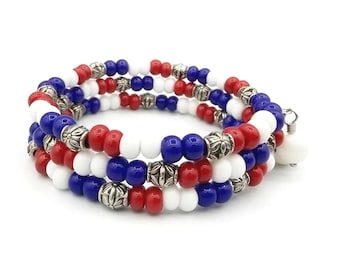 USA Patriotic Beaded Memory Wire Bracelet | Triple Layered with Antique Silver Spacers & Shell Dangles