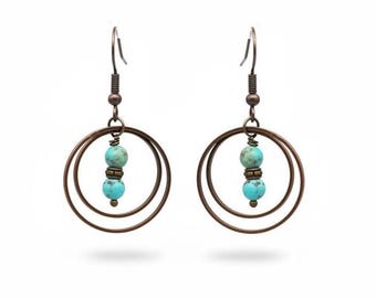 Turquoise Copper Beaded Hoop Dangle Earrings, Genuine Turquoise Stones, Double Hoops, Boho Style