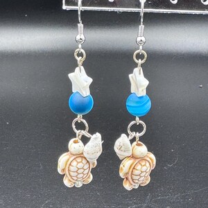 Turtle Shell Beaded Dangle Drop Earrings, Summer Style, Fun Earrings
