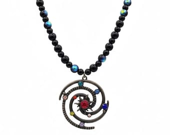 Solar System Pendant Galaxy Necklace, Statement Jewelry, Onyx Gemstone Beaded Necklace