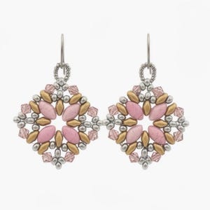 May include: A pair of handcrafted earrings featuring a geometric design. The earrings are composed of pink, gold, and silver beads arranged in a diamond shape. The earrings have a silver hook for pierced ears.