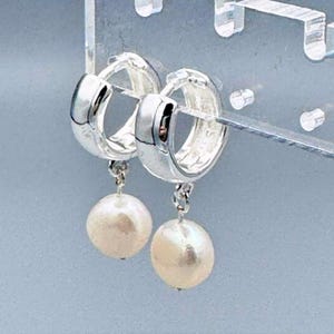 Sterling Silver Huggie Earrings: Genuine Pearl Dangle, Minimalist Jewelry