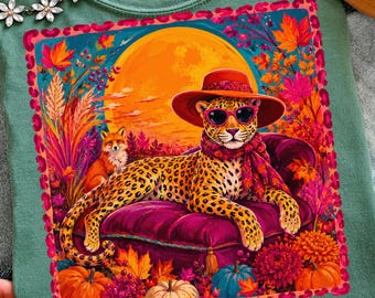 Fall Leopard PNG, Preppy Fall Shirt Design, Retro Maximalist Autumn PNG, Colorful Leopard Sublimation