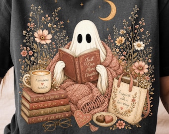 Romance Reader Ghost PNG, Wildflower Reading Ghost, Cozy Romantic Book Lover PNG, Halloween Bookish PNG