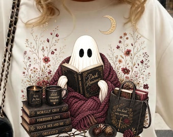 Dark Romance Ghost PNG, Wildflower Book Lover Graphic, Floral Bookworm Design, Book Club PNG, Fall Ghost Digital Download