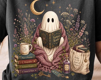 Fantasy Reader Ghost PNG, Book Lover Ghost PNG, Halloween Wildflower PNG, Cozy Bookish Reading Digital Download
