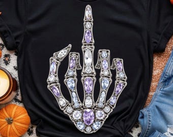 Middle Finger Crystal Skeleton Hand PNG, Rhinestone Halloween Shirt Design, Gothic Fall Bling Graphic, Trendy Spooky Season Sublimation