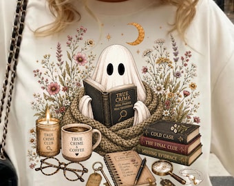 True Crime Ghost PNG, Wildflower Book Lover Graphic, Floral Bookworm Design, Book Club PNG, Fall Ghost Digital Download