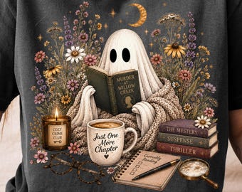 Mystery Reader Ghost PNG, Wildflower Reading Ghost, Cozy Crime Book Lover PNG, Halloween Bookish PNG