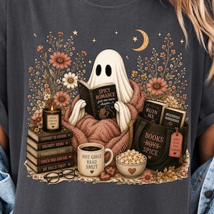 Smut Reading Ghost PNG, Wildflower Book Lover Graphic, Floral Bookworm Design, Book Club PNG, Fall Ghost Digital Download
