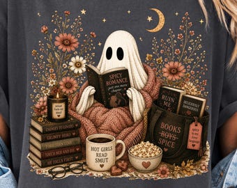 Smut Reading Ghost PNG, Wildflower Book Lover Graphic, Floral Bookworm Design, Book Club PNG, Fall Ghost Digital Download