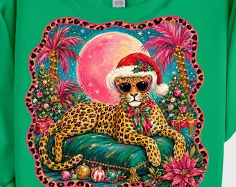 Christmas Leopard PNG, Glam Leopard Christmas Design, Pink Tropical Holiday PNG, Retro Christmas Leopard Sublimation