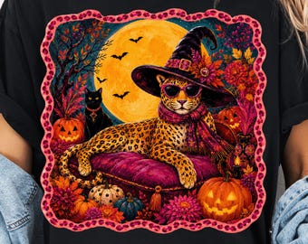 Halloween Leopard PNG, Witchy Leopard PNG, Preppy Halloween Shirt Design, Retro Maximalist Halloween PNG, Colorful Spooky Sublimation