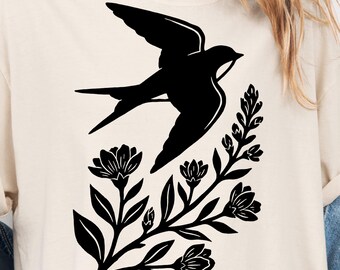 Swallow Bird PNG, Linocut Bird Graphic, Folk Art Bird Clipart, Vintage Bird Illustration, Botanical Bird PNG, Sublimation Design
