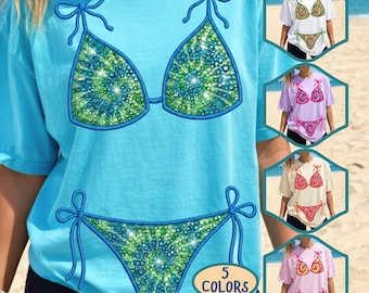 Sommer Bikini PNG Bundle, Tie Dye Strass Badeanzug Design, Coquette Beach Shirt, 5 Farbvariationen