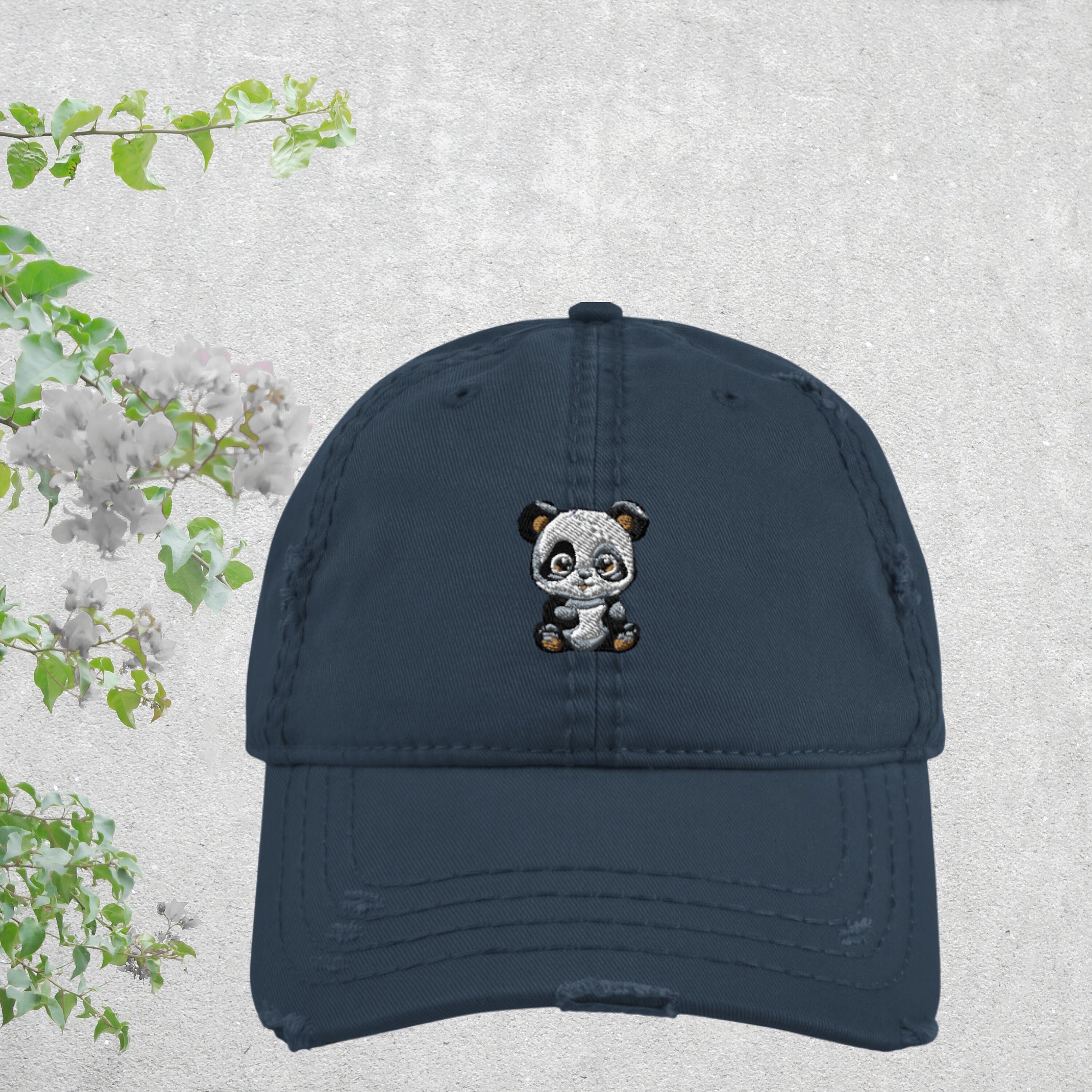 Panda Embroidered Hat, Panda Distressed Hat, Panda Hat, Bird 