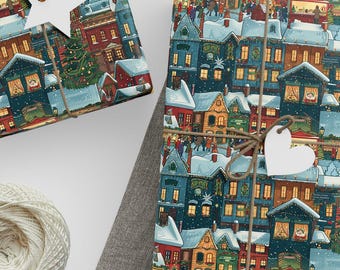Vintage Christmas Wrapping Paper Roll Antique Holiday Gift Wrap with Christmas Village  Nostalgic Gift Wrap Christmas Gift Wrap