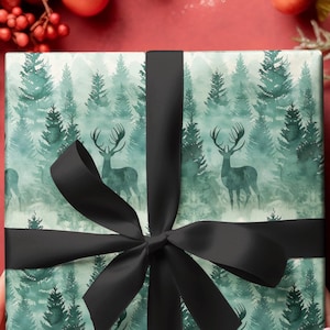 Christmas Wrapping Paper Roll, Green Pine Tree Forest Gift Wrap with Deer, Holiday Decorative Paper, Xmas Gift Wrap Rolls