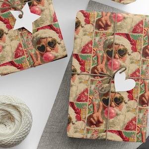 Funny Santa Wrapping Paper Roll Retro Christmas Gift Wrap Cute Pink Holiday Gift Wrap Vintage Santa Wrapping Paper for Secret Santa Gifts