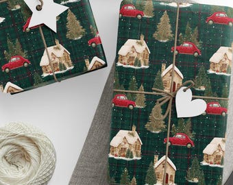Rollo de papel de regalo navideño clásico verde vintage, rollo de papel de regalo navideño con escena de coche rojo y casa de campo, papel de regalo navideño vintage,