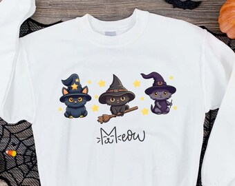 Meow Black Cat Sweatshirt, Cat Sweatshirt Halloween Cat, Cat lover gift, Spooky Sweatshirt, Cat Crewneck, Witch Cat