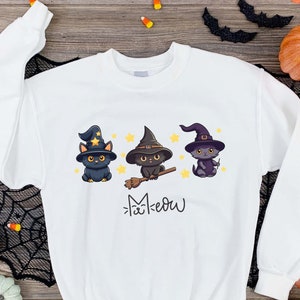 Meow Black Cat Sweatshirt, Cat Sweatshirt Halloween Cat, Cat lover gift, Spooky Sweatshirt, Cat Crewneck, Witch Cat