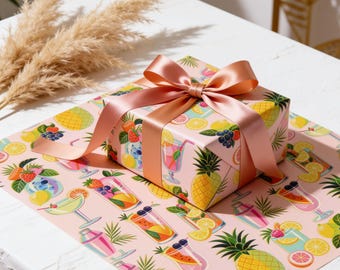 Inpakpapier met tropisch cocktailmotief, cocktailcadeaus, cadeauverpakking voor de feestdagen, zomercadeauverpakking, fruitcadeauverpakking, cocktailparty, verjaardagscadeauverpakking