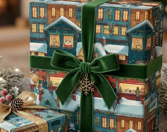 Vintage Christmas Village Wrapping Paper Roll Vintage Holiday Gift Wrap Antique Xmas Wrapping Paper, Nostalgic Classic Christmas Market