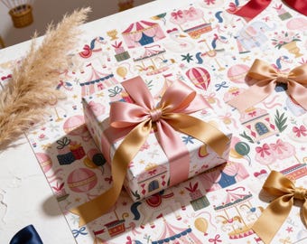 Roze circuscarrousel inpakpapier | Speels inpakpapier voor een meisjesverjaardagscadeau | Carrouselpaarden inpakpapier | Cadeaupapier voor een babyshower