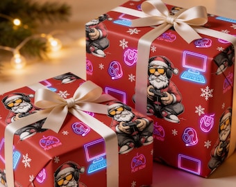 Funny Santa Gamer Christmas Wrapping Paper Gaming Enthusiast Gift Wrap Video Game Wrapping Paper Roll Christmas Gamer Gift Geek Gift Wrap