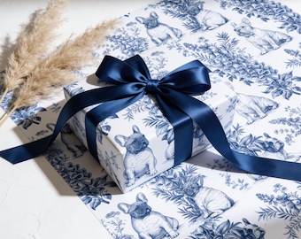 Cadeaupapier met Franse bulldog, blauw toile hondencadeaupapier, cadeaupapier met Franse bulldog, botanisch verjaardagscadeaupapier, cadeau voor hondenliefhebbers, cadeaupapier voor de feestdagen