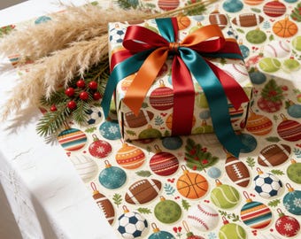 Sportief kerstcadeaupapier, kerstcadeaupapier, voetbal, basketbal, honkbal, tennis, feestelijke cadeauverpakking voor kinderen