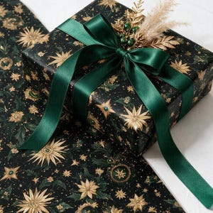 green christmas wrap, green wrapping paper, christmas gift wrap, elegant gift wrap, holiday gift wrap, celestial gift wrap, gold star gift wrap, vintage christmas, christmas wrapping, wrapping paper roll, dark green gift wrap, luxury gift wrap, botanical gift wrap