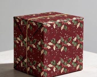 Holly Berry Christmas Wrapping Paper, Red Christmas Gift Wrap, Vintage Holiday Wrapping Paper, Traditional Elegant Christmas Paper