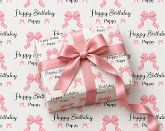 Gepersonaliseerd verjaardagscadeaupapier, cadeaupapier met roze strik en naam, roze geruit verjaardagspapier, charmant cadeaupapier voor haar