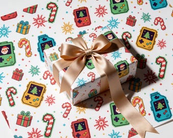 Kerstcadeaupapier met videogame-thema, retro gaming cadeaupapier op rol, pixel art kerstcadeaupapier voor jongens, mannen en gamers