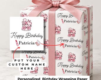 Personalized Birthday Wrapping Paper, Custom Name Makeup Gift Wrap, Beauty Lover Birthday Paper, Pink Gift Wrap for Her,Girlie Gift Wrap