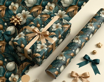 Botanisch cadeaupapier, luxe bloemencadeaupapier, donker botanisch cadeaupapier, elegant cadeaupapier, turquoise bloemencadeaupapier