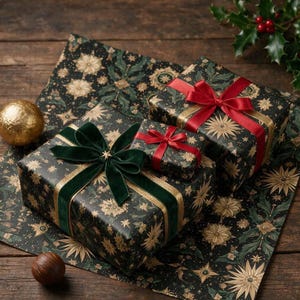 green christmas wrap, green wrapping paper, christmas gift wrap, elegant gift wrap, holiday gift wrap, celestial gift wrap, gold star gift wrap, vintage christmas, christmas wrapping, wrapping paper roll, dark green gift wrap, luxury gift wrap, botanical gift wrap