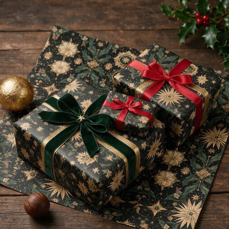 green christmas wrap, green wrapping paper, christmas gift wrap, elegant gift wrap, holiday gift wrap, celestial gift wrap, gold star gift wrap, vintage christmas, christmas wrapping, wrapping paper roll, dark green gift wrap, luxury gift wrap, botanical gift wrap
