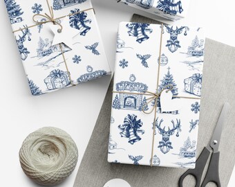 Blue and White Christmas Gift Wrap roll, Holiday Gift Wrap Sheets, Wrapping Paper Roll Xmas Wrapping Paper Christmas Paper Roll