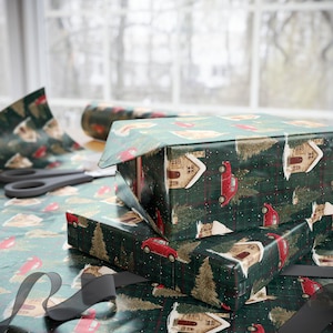 Green Classic Christmas Wrapping Paper Roll, Holiday Gift Wrap Roll with Red Car & Cottage Scene, Vintage Xmas Wrapping, Antique Christmas