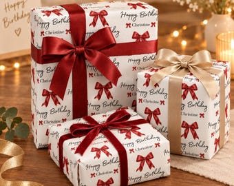 Gepersonaliseerd verjaardagscadeaupapier, cadeaupapier met rode strik en eigen naam, elegant verjaardagspapier voor haar, charmant verjaardagscadeaupapier
