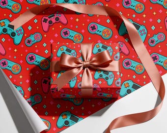 Cadeaupapier met videogame-thema, roze en turquoise controller-cadeaupapier, retro gaming verjaardagspapier, gamer cadeaurol voor jongens, meisjes en tieners