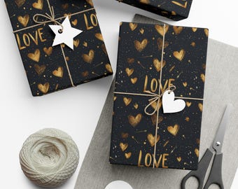 Papel de regalo dorado y negro con corazones para San Valentín, papel de regalo de cumpleaños, papel de regalo, papel de regalo único, envoltura de regalos, Galentines