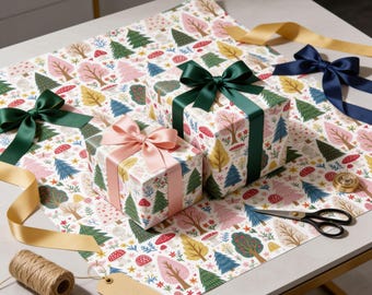 Kerstcadeaupapier met bosmotief, vintage cottagecore kerstcadeaupapier, feestelijk cadeaupapier, cadeaupapier met bosbomen, winterbospapier