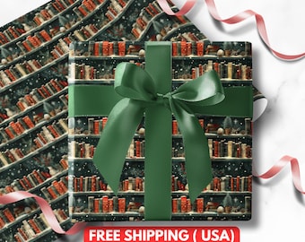 Book Lover Christmas Wrapping Paper, Bibliophile Gift Wrap Roll, Literary Holiday Wrap, Vintage Bookshelf Wrapping Paper, Gift Wrap for Her