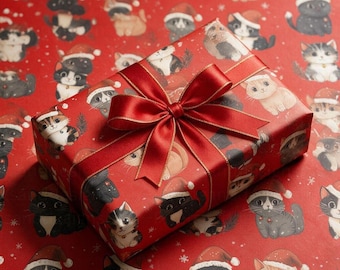 かわいい猫のクリスマスラッピングペーパー、お祝いのホリデー猫ギフトラッピング、面白い子猫のクリスマスペーパー、ユニークなクリスマスギフトラッピング、ペット好きのためのラッピングペーパー