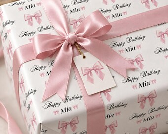 Gepersonaliseerd verjaardagscadeaupapier, cadeaupapier met roze strik en naam, charmant verjaardagspapier, meisjesachtig cadeaupapier voor haar