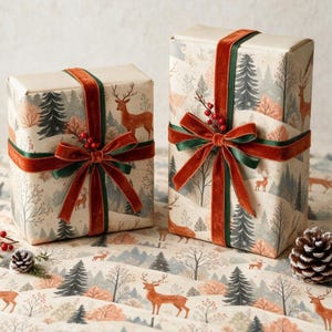 May include: Two rectangular gift boxes wrapped in cream-coloured paper featuring a winter forest scene with deer, pine trees, and bushes. Each box is tied with a dark green and rust-orange velvet ribbon, accented by a small sprig of red berries.